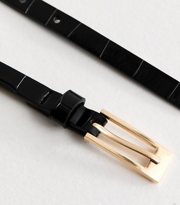 Black Faux Leather Croc Embossed Skinny Belt 3 Black Faux Leather Croc Embossed Skinny Belt