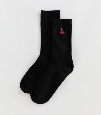 Black Embroidered Cherry Ankle Socks