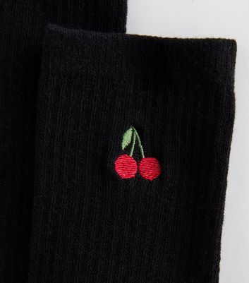 Black Embroidered Cherry Ankle Socks