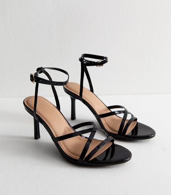 Black Faux Leather Strappy Heeled Sandals