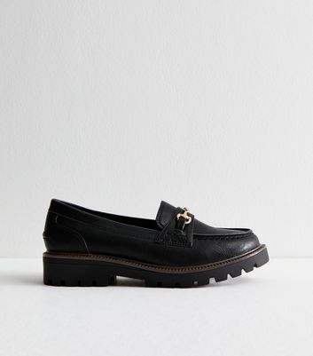 Black Faux Leather Buckle Detail Loafers