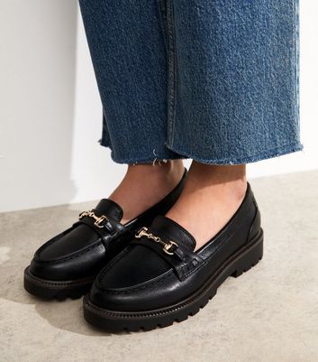 Black Faux Leather Buckle Detail Loafers