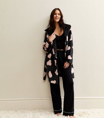 Black Hooded Heart Print Robe