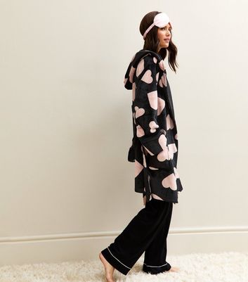 Black Hooded Heart Print Robe