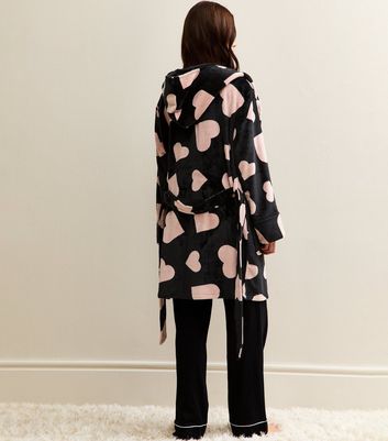 Black Hooded Heart Print Robe
