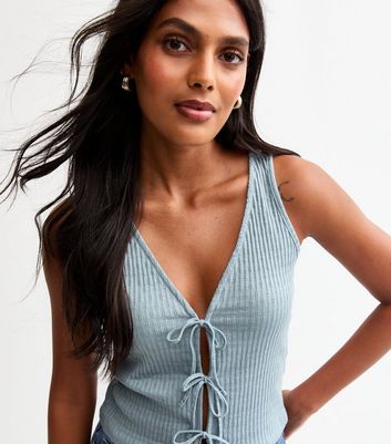Light Blue Ribbed Pointelle Effect Tie Front Vest