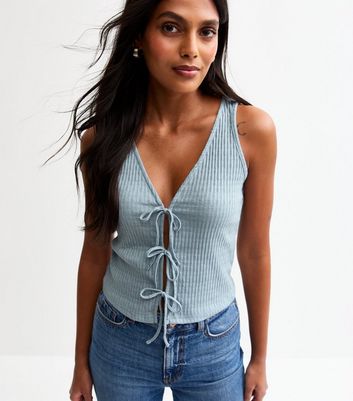 Light Blue Ribbed Pointelle Effect Tie Front Vest
