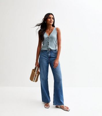 Light Blue Ribbed Pointelle Effect Tie Front Vest 3 Light Blue Ribbed Pointelle Effect Tie Front Vest