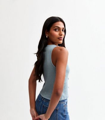 Light Blue Ribbed Pointelle Effect Tie Front Vest 4 Light Blue Ribbed Pointelle Effect Tie Front Vest