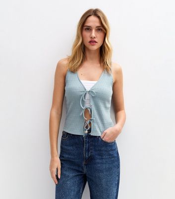 Light Blue Ribbed Pointelle Effect Tie Front Vest 5 Light Blue Ribbed Pointelle Effect Tie Front Vest