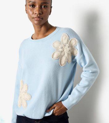 Apricot Blue Contrast Crochet Florals Jumper