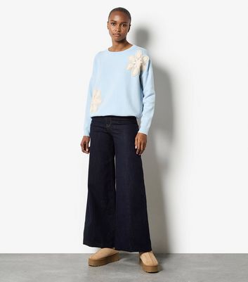 Apricot Blue Contrast Crochet Florals Jumper