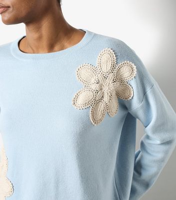 Apricot Blue Contrast Crochet Florals Jumper