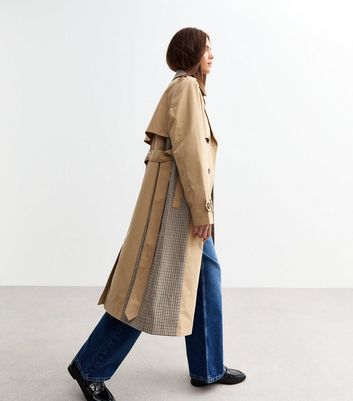 Beige Check Trimmed Trench Coat