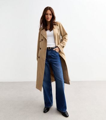 Beige Check Trimmed Trench Coat