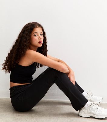 Girls Black Folded Waist Flared Jersey Leggings 3 Girls Black Folded Waist Flared Jersey Leggings