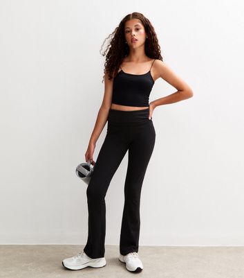 Girls Black Folded Waist Flared Jersey Leggings 5 Girls Black Folded Waist Flared Jersey Leggings