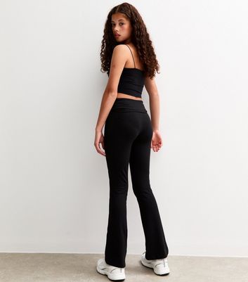 Girls Black Folded Waist Flared Jersey Leggings 6 Girls Black Folded Waist Flared Jersey Leggings