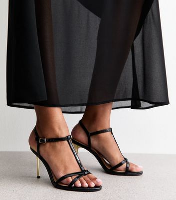 Black Faux Leather T-Bar Metallic Heel Stiletto Sandals