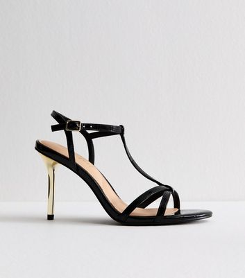 Black Faux Leather T-Bar Metallic Heel Stiletto Sandals 3 Black Faux Leather T-Bar Metallic Heel Stiletto Sandals