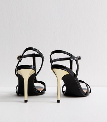 Black Faux Leather T-Bar Metallic Heel Stiletto Sandals 4 Black Faux Leather T-Bar Metallic Heel Stiletto Sandals