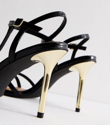 Black Faux Leather T-Bar Metallic Heel Stiletto Sandals 5 Black Faux Leather T-Bar Metallic Heel Stiletto Sandals