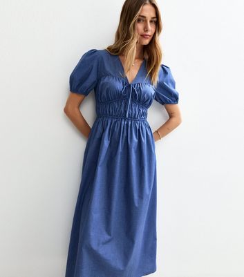 Blue V Neck Shirred Bodice Bow Front Midi Dress