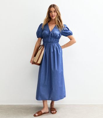 Blue V Neck Shirred Bodice Bow Front Midi Dress