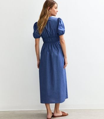 Blue V Neck Shirred Bodice Bow Front Midi Dress