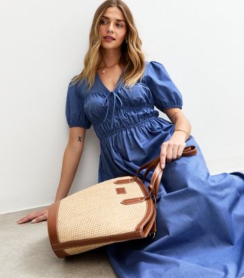 Blue V Neck Shirred Bodice Bow Front Midi Dress