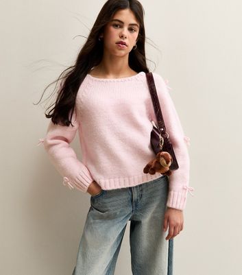 Girls Light Pink Bow Sleeve Jumper