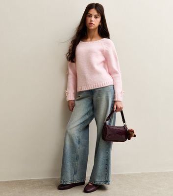 Girls Light Pink Bow Sleeve Jumper