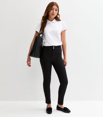Girls Black Popper Front Skinny School Trousers