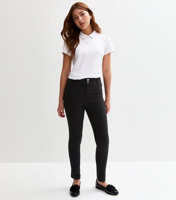 Girls Black Popper Front Skinny School Trousers 3 Girls Black Popper Front Skinny School Trousers