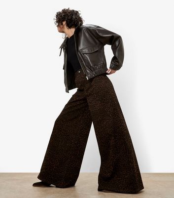 Apricot Brown Leopard Print Wide Leg Jeans