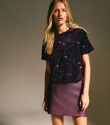 Burgundy Velvet Sequin Embellished T-Shirt