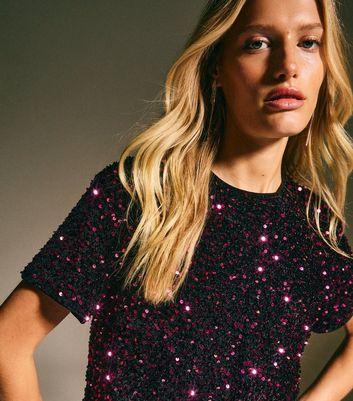 Burgundy Velvet Sequin Embellished T-Shirt