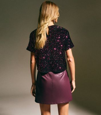 Burgundy Velvet Sequin Embellished T-Shirt