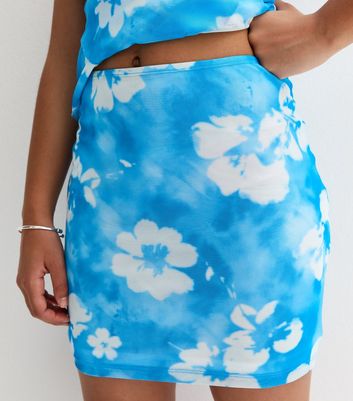 Girls Blue Floral Print Mesh Skirt