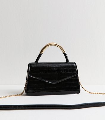 Black Crocodile Effect Faux Leather Top Handle Bag