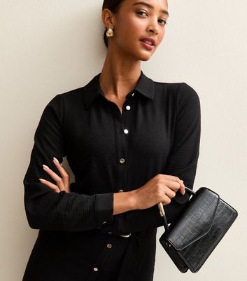 Black Crocodile Effect Faux Leather Top Handle Bag