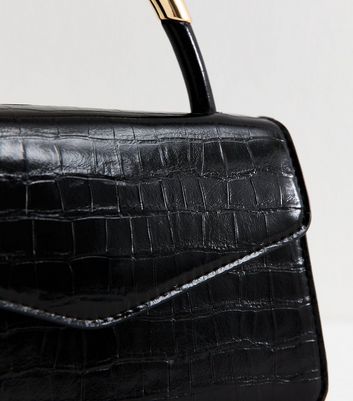 Black Crocodile Effect Faux Leather Top Handle Bag