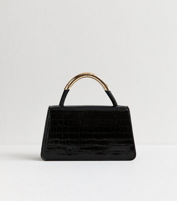 Black Crocodile Effect Faux Leather Top Handle Bag