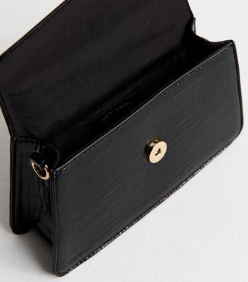 Black Crocodile Effect Faux Leather Top Handle Bag