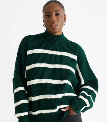 Gini London Green Oversized Striped Chunky Knit Jumper