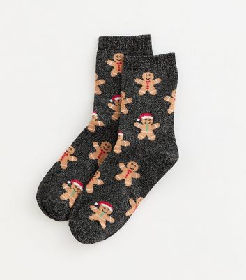 Black Sparkly Christmas Gingerbread Socks