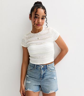 Girls Blue Embellished Ripped Denim Shorts