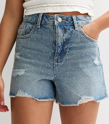Girls Blue Embellished Ripped Denim Shorts