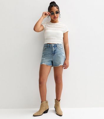 Girls Blue Embellished Ripped Denim Shorts