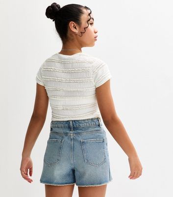 Girls Blue Embellished Ripped Denim Shorts